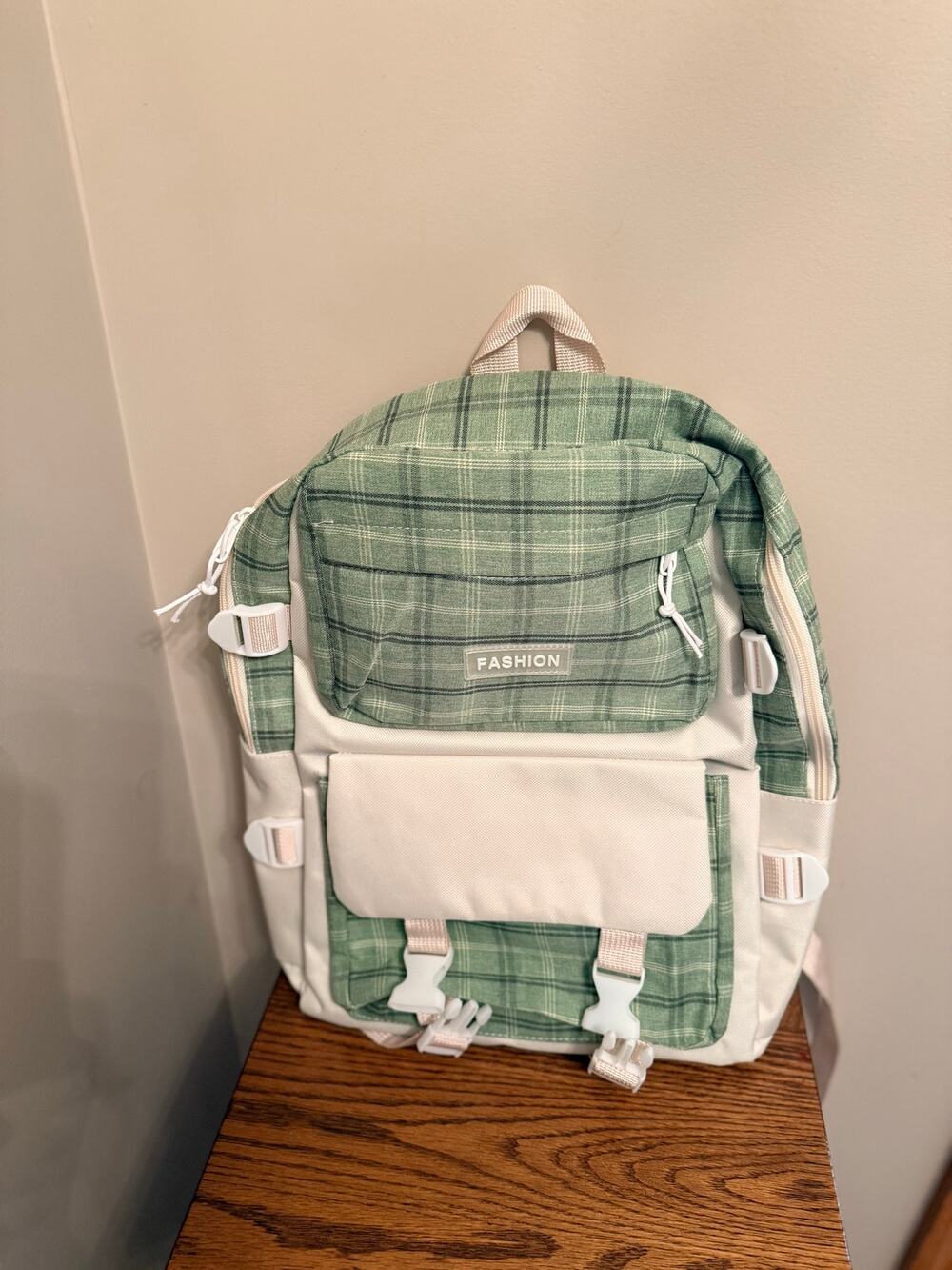 New Mordelar Fashion green plaid,beige canvas backpack with 5-piece school set.
